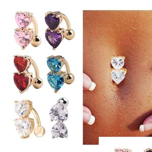 Navel Bell Button Rings 6 Colors Reverse Crystal Bar Belly Ring Gold Body Piercing Button Navel Two Heart Pierce Jewel Dhseller2010 Dhvhc