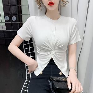 Women's T Shirts Women's T-Shirt Slim Sexy White Black Women Tops 2022 Summer O Collar Cross-Folds Short-sleeved Open Belly Button