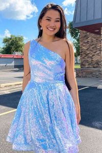 Sky Blue Sequined Lace Homecoming Dresses One Shoulder Short Prom Clows Dress