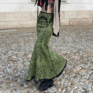 Юбки Женская мода винтажная флакрасная длинная юбка Зеленая цветочная принцип кружев