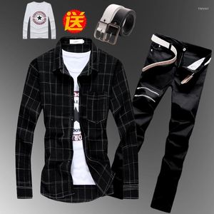 Men's Tracksuits Spring Autumn Boys Mens Checks Plaids Long Sleeve Shirt Pencil Jeans Pants Korean Style Slim Fit Shirts Trousers 2pcs Set