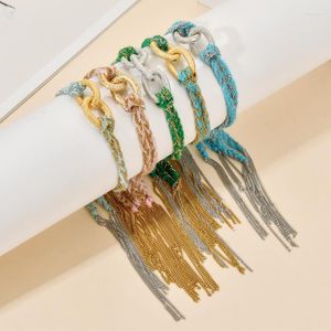 Braccialetti con ciondoli ZMZY Pave Crystal Catena in acciaio inossidabile bohémien Tessuto a mano Bracciale Boho intrecciato Stringa di corda di cotone vintage spiaggia estiva