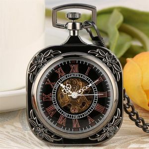 Pocket Watches Elegant Vintage Square Black Mechanical Watch Rose Gold Roman Siffer Handlindningsmekanism R￶relse Antik kedjeklocka