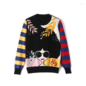 Women's Sweaters Winter Embroidery Leaves Beaded Sequins Sunglasses Girls Pattern Design Women Contrast Striped Sleeve Knitted Sweater