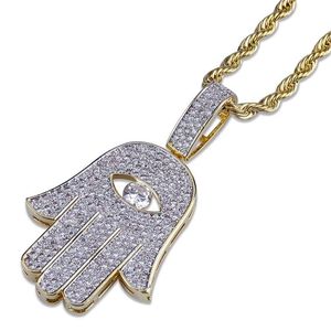 Hip Hop Micro-inlaid Zircon Pierced Eye Fatima Hand Pendant Necklace Gold Chain Men Women Jewelry Gifts 102 U2272Z