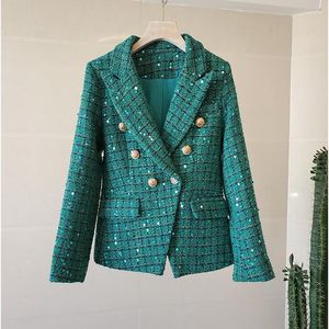 Garnitury damskie jesienne zimowe biuro lady vintage kombinezon zielony kratę tweed bleed blazer damski z długim rękawem kurtka biznesowa podwójna piersi