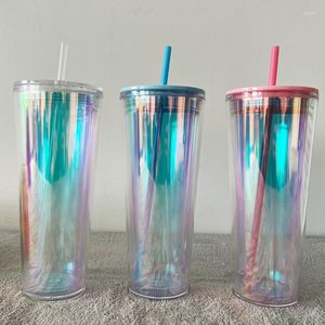 Mugs 2022 Flat Lid 710ml 24oz Clear Plastic Wall Tumbler Cup With Straw Black Green Coffee Double Layer Sippy