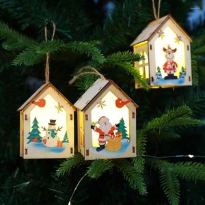 Christmas Decorations 2022 Small House Wooden Lights Snow Chrismas Tree Pendant Decoration Props Santa Gifts Ornaments Decore