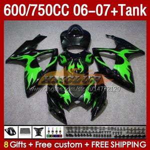 OEM Fairings Tank f￶r Suzuki GSXR 600 750 CC GSX-R600 GSXR750 2006-2007 154NO.108 GSXR-600 GSXR600 K6 600CC 750CC 2006 2007 GSXR-750 06 07 injektion Fairing Green Flames