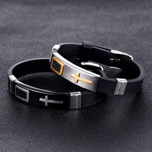 Mode m￤n kvinnor silikon armband gel￩ armband rostfritt st￥l korsdesign smycken punk mens hip hop charm armband f￶r g￥vor226x