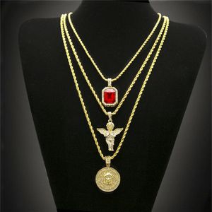 Collana placcata oro Hip Hop Set di gioielli in cristallo con strass ghiacciati con ciondoli angelo Gesù Collane a catena 363c