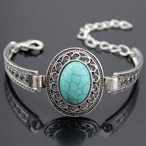 Lot 12st Tibetan Vintage Silver Retro Hollow Alloy Design Oval Turquoise Armband Alloy Watch Bands Natural Stone Bangles Gifts MB163249Q
