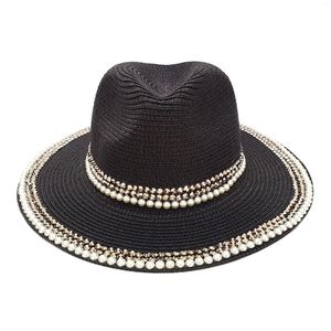 Berets Pearl Straw Hats for Women Bucket Sun Ribbon Men Hat Summer Panama Formal Outdoor Party Picnic