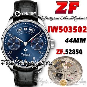 ZF V2 zf503502 Annual Calendar Mens Watch A52850 Automatic Blue Power Reserve Dial Number Markers Stainless Case Black Leather Strap Super Edition eternity Watches