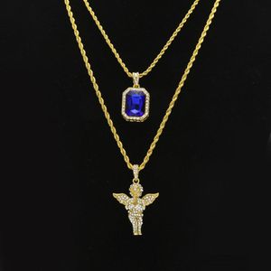 Herren-Hip-Hop-Schmucksets, Mini-Quadrat-Rubin-Saphir-Vollkristall-Diamant-Engelsflügel-Anhänger, Goldkette-Halsketten für männliche Hip-Hop-Jewel255r