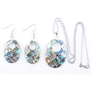 Natural Paua Abalone Shell Oval Fashion Jewelry Set for Women Party Gift Beads Dingle Pendant Dingle Hook Earring Chain 45cm Q3000