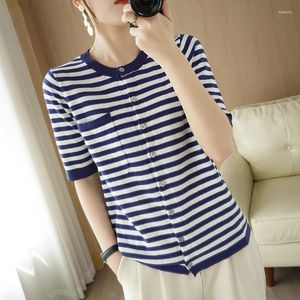 Women's T Shirts Striped Cotton Short-sleeved Knitted Cardigan Women's Round Neck Bottoming Shirt 2022 Summer Thin Linen T-shirt Tops