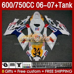 OEM Fairings & Tank For SUZUKI GSX-R600 GSXR750 GSXR600 K6 GSXR-750 06 07 154No.75 GSXR 600 750 CC 600CC 750CC 2006 2007 GSXR-600 06-07 Injection Mold Fairing white glossy