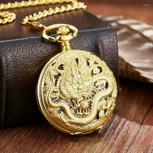 Pocket Watches Luxury Golden Mechanical Watch Dragon Laser Graved Clock Animal Necklace Pendant Hand Winding Men FOB Chain