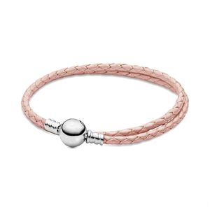 Feiner Schmuck, authentische Perle aus 925er Sterlingsilber, passend für Pandora-Charm-Armbänder, 16–21 cm, Moments Double Black Pink Lederarmbänder, Safet221i