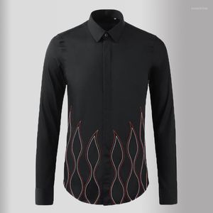 Men's Casual Shirts Minglu Black White Mens Luxury Long Sleeve Flame Embroidery Dress Slim Fit Party Male 3XL