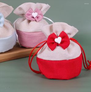 Gift Wrap Luxury Creative DrawString Polyester Cotton Linen Bowknot Canvas Bag Wedding Candy Box