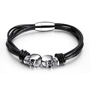 Fashion Jewelry Mens Charm Braid Multilayer Leather Skull Armband Hitta rostfritt stål Magnetiskt spänne Design Punk -armband för ME284T