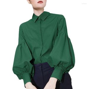 Women's Blouses 2022 Spring Freach Vintage Blouse Women Elegant Fashion Lantern Sleeve Shirt Lady Lapel Loose Striped Tops Green Button Up