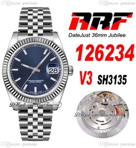 ARF V3 36 126234 SH3135 Automático Unissex Watch Mens mulheres mulheres canela buzel azul bastão dial 904l Jubileesteel Bracelet Super Edition Card Mesmo Puretime E5