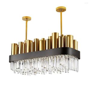 Pendant Lamps Luxury Modern Crystal Chandelier Gold Polished Steel Dining Room Lighting Fixture Rectangle AC110-240V Cristal El Lobby Light