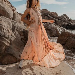 Casual Dresses Women s Sexy Sleeveless Necktie Maxi Dress Backless Printed Summer Halter Long Vestidos Boho Dyed Holiday Robes