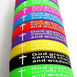 30pcs Color Mix Serenity Prayer GOD GRANT ME Bible Cross Silicone bracelets Fashion Wristbands whole Men Women Christian Jewelry Lot305y