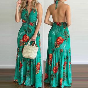 Casual Dresses 2022 Summer Women Sexy Halter Maxi Dress Bohemian Tropical Print Floral Sleeveless Lady Evening Party Backless Robe