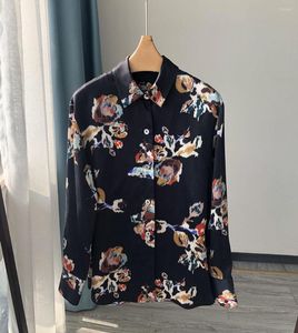 Women's Blouses Women Lapel High-end Silk Flower Floral Printed Long Sleeve Blouse Shirt Top