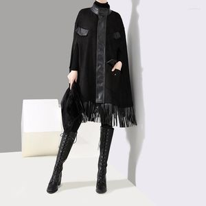 Women's Trench Coats Women's Johnature Women 2022 Wiosna zima czarna patchwork pu turtleneck batwing tassel High Street Loose