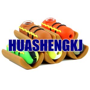 Colorful Hot Dog Ham Shape Pipes Silicone Skin Portable Smoking Dry Herb Tobacco Glass Filter Bowl Holder Cigarette Holder Food Decorate Handpipes