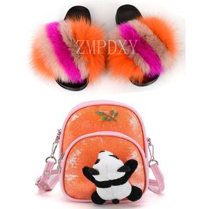 Cute Cartoon Panda Backpack Furry Shoes Bling Bag Baby Girl Slippers Fur Slides Flat Sandals Children Shoes Bag Set Plush Slides259j