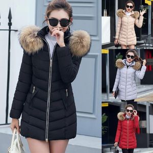 Mulher para baixo tamanho de inverno Faux Fur Hooded Jacket Women Women Color Solid Zipper Long Casat