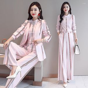 Women's Two Piece Pants Womens Elegant Pink Blue Striped Business Suit Office Wear Skirt Pant Suits For Women Blazer Shirt Set 3 Three Suite