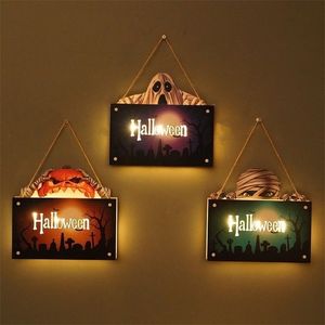 Party Decoration Halloween Night Light Wooden Door Plate Ornaments Hanging Pumpkin Lantern Holiday Doorplate Wall Crafts 220905