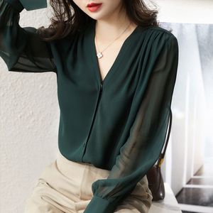 2022 Autumn Long Sleeve Blue Women Solid Shirt Women's V Neck Button Up Top Female Blusas Elegant Silk Cardigan Women