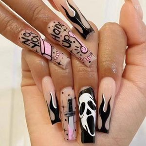 False Nails 24pcs 긴 관 할로윈 소방 디자인 웨어러블 프랑스 발레리나 가짜 프레스 전체 커버 매니큐어 네일 팁