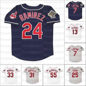 GlaC202 Retro Baseball-Trikot 1995 Trikots 25 Jim Thome 13 Omar Vizquel 7 Kenny Lofton 24 Manny Ramirez 8 Albert Belle 15 Sandy Alomar 55 Hershiser