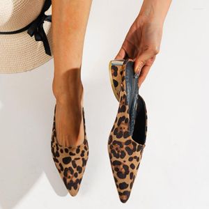 Slippers 2022 Spring Summer Pointed Toe Flat For Women Fashion Leopard-print Pumps Square-heel Mules Roman Slip-on Shoes