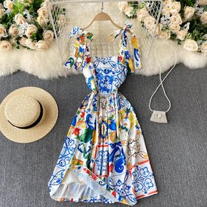 Casual jurken verkopen Summer Runway Boho Jurk Dames Bow Suspenders Backless Blue and White Porselein Floral Sweet For