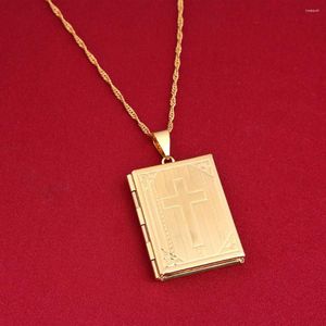 Anhänger Halsketten Mode Unisex Jesus Schmuck 24K Gold Farbe Kreuz Buch Halskette