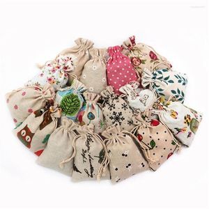 Confezioni regalo Sacchetti di caramelle in lino di cotone stampato Sacchetti per sacchetti con coulisse per matrimoni Piccoli Imballaggio di gioielli con bracciale piacevole