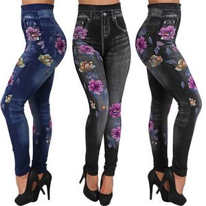 Kvinnors leggings jodimitty mode smal blommigt tryck blyerts faux denim jeans casual kläder plus size byxor 220919