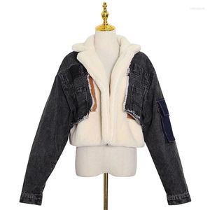 Women's Jackets Clothing Lamb Wool Denim Patchwork Coat Black Blue Winter Warm High Streetwear Plus Size XXL