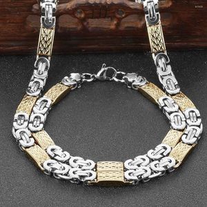 Necklace Earrings Set Stainless Steel Byzantine Link Chain Jewelry Men Gold Silver Color Metal Carved Cross Bracelet 8mm Width